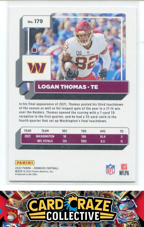2022 Donruss Logan Thomas #179 Blue Press Proof - Excellent - Image 2 of 2