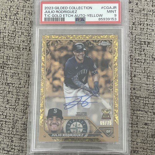 2023 Topps Gilded Julio Rodriguez Chrome Gold Etch Auto Yellow 65/75 PSA9