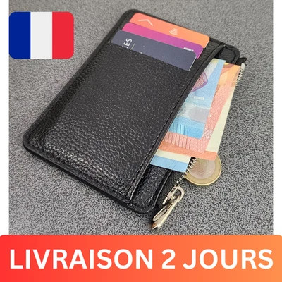 Portefeuille cuir noir compact homme porte-cartes + zip monnaie slim - Photo 1/4
