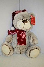 Christmas Holiday Stuffed PLUSH Gray BEAR Hat SCARF COLLECT 12" SUPER SOFT New