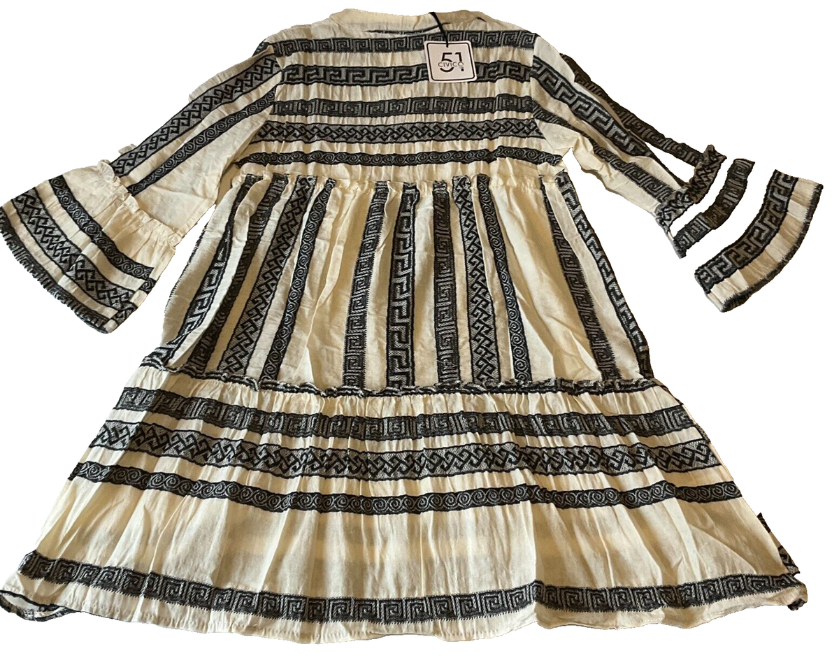 Civico 51 3/4 Bell Sleeve Dress Womens Size L White Blue Stripe Embroidered