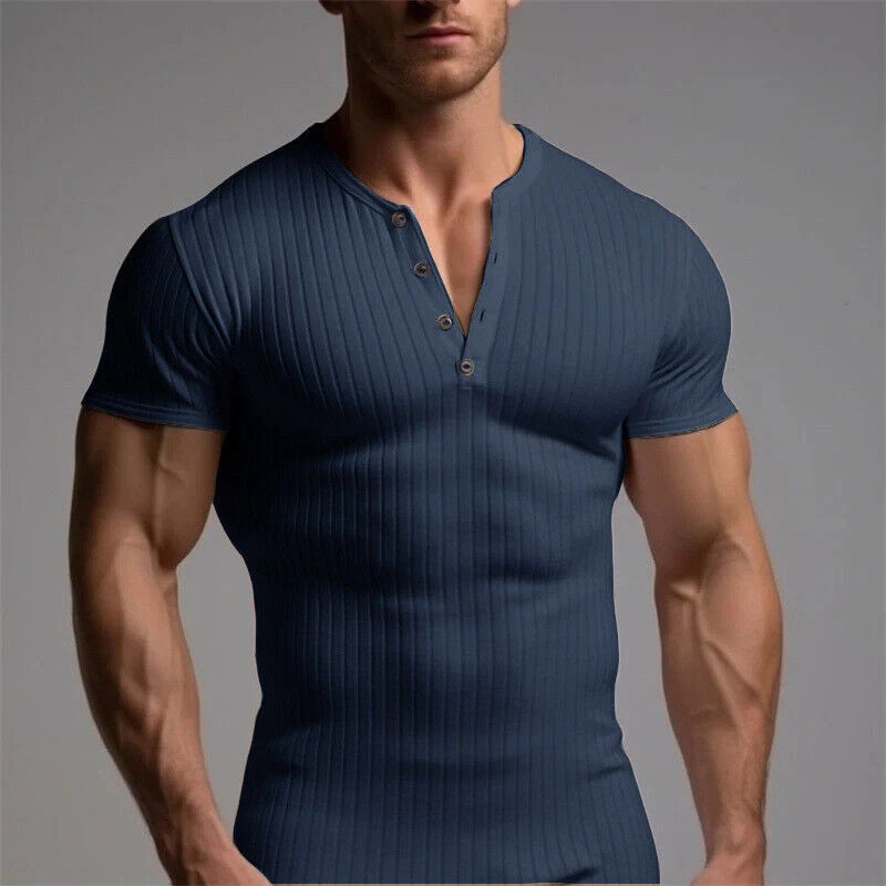 New Muscle Men's Ribbed Henley Shirt Slim Fitted Cotton Short Casual T-Shirt - image 2 of 4