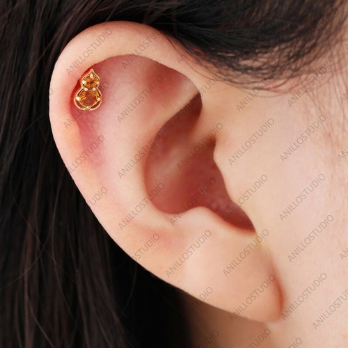 Citrine Gemstone Calabash Shape Wife Stud Earrings Jewelry 14K Solid Yellow Gold - Picture 5 of 8