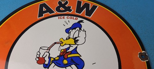 VINTAGE A&W PORCELAIN ROOT BEER BEVERAGE SODA DONALD DUCK GAS PUMP SIGN - Picture 2 of 15