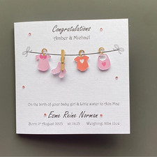 Personalised New born baby gir card, greetings card, keepsake handmade greetings