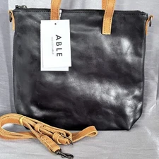 ABLE Abera Commuter Small Tote Leather Crossbody BLACK/COGNAC New $158