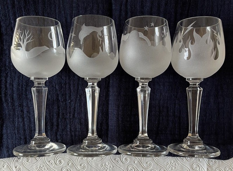 4 Vtg 5” Etched Frosted Crystal Cordial Glasses  Earth Water Air Fire Signed