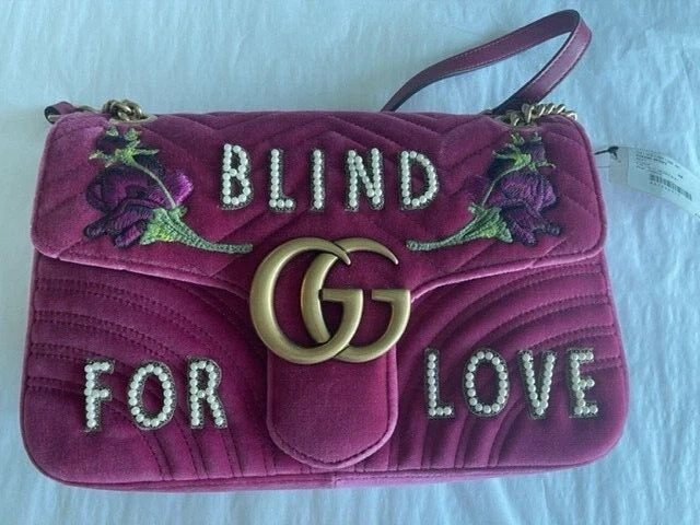 Gucci Blind For Love Pink Velvet Handbag Bag Marmont GG Gold Italy