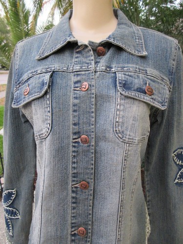 Crest Jeans Donna XL Giacca Denim Blu Ricamato Applique Manica Lunga Frange - Foto 2 di 11