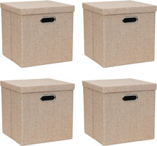 Storage Bins with Lids, Collapsible Linen Fabric Boxes Organizer Containers with