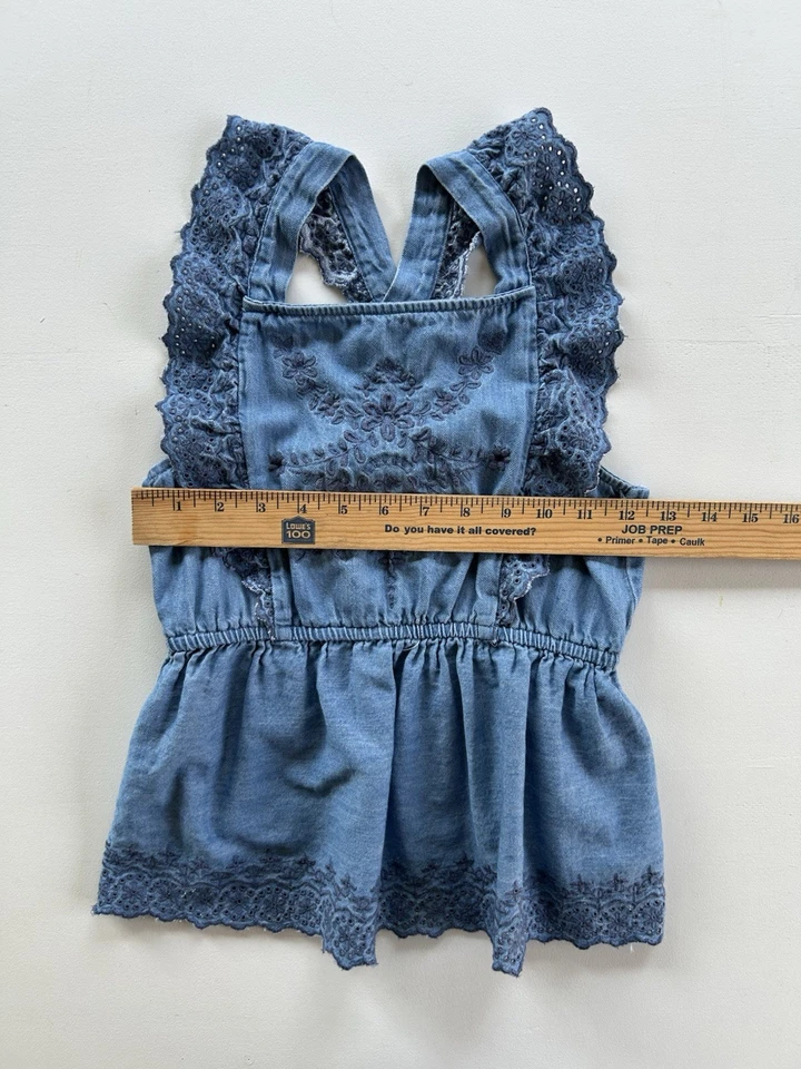 Camisa Denim Antigua Azul Marino Niñas Cambray Bordada Top Sin Mangas Talla Grande 10-12 Foto 4 de 4