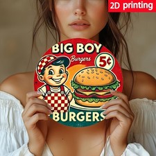 Tin Metal Signs Home D cor Print,Vintage Hamburger Round Wood 20.32x20.32 cm Woo