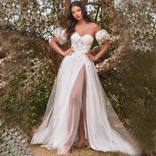 Sweetheart Appliques Wedding Dress Slit Lace Up Pleats Floor Length Bride Gowns