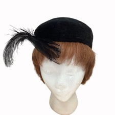Vintage 1950s Black Feather Cocktail Pillbox Hat With Feather Detail