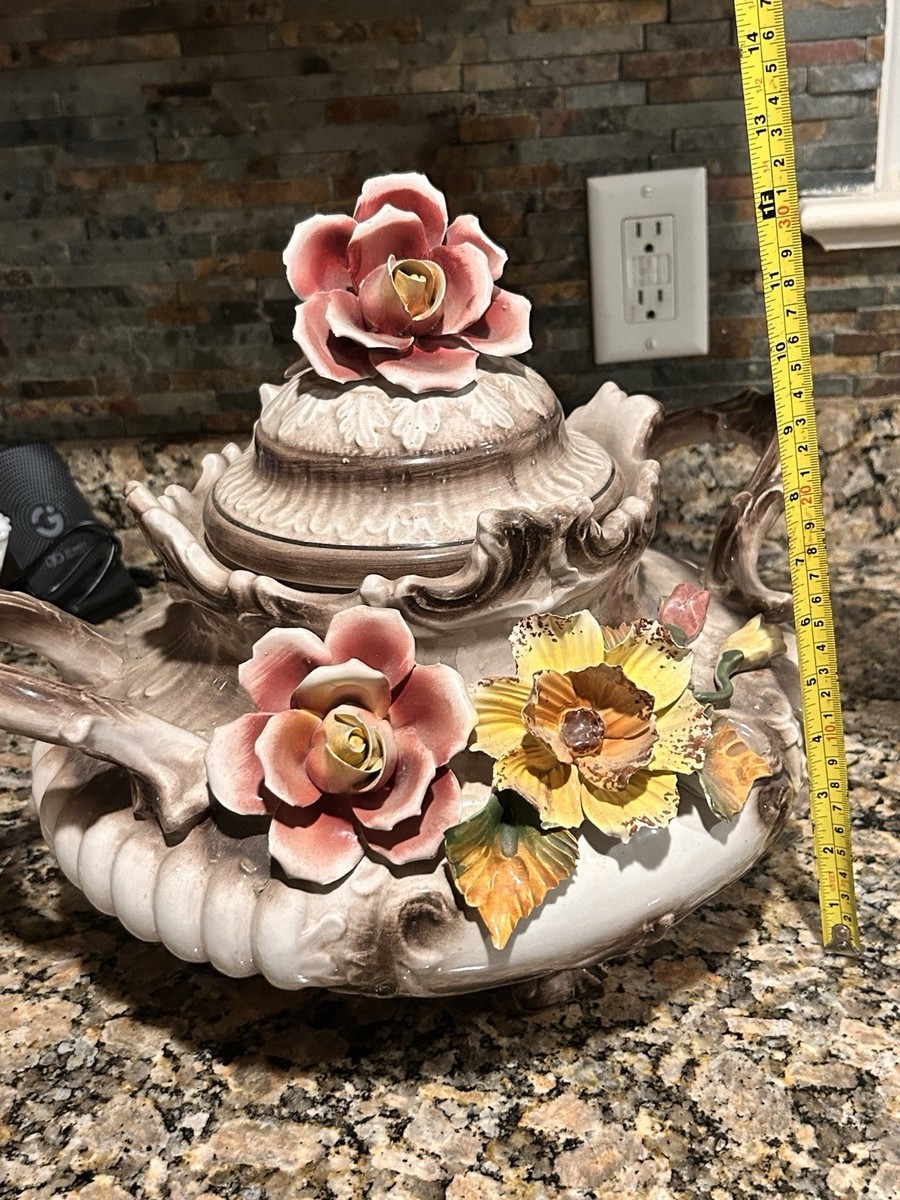 Vintage Capodimonte Floral Soup Tureen Plate Flowers Kitsch Retro