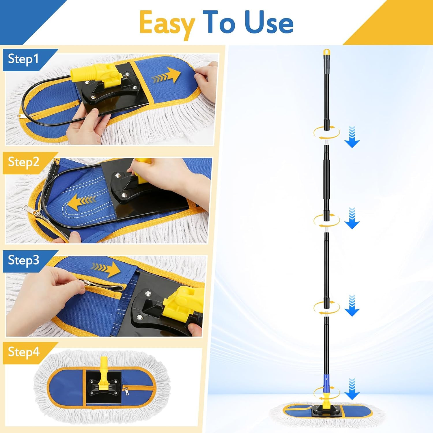 16 Inch Commercial Dust Mop for Floor Cleaning - Industrial Wet Dry Broom with 2