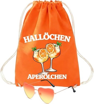Aperol Tasche & Herz Brille Set Turnbeutel Damen Rucksack Gym Bag Orange