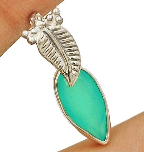 Leaf Natural Faceted Aquamarine Chalcedony 925 Sterling Silver Pendant @11-8