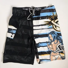 Famous Stars & Straps Men’s Board Shorts Black Blue Striped Graphic Size 34