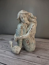 Ceramic Mermaid Figurine Sculpture Pearlescent Statue Coastal Beach Decor