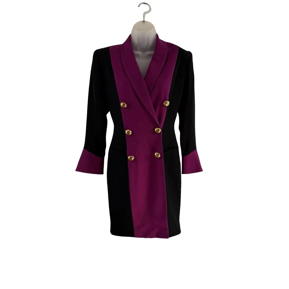 Vintage Tahari Petite Dress Womens 2 Black Purple Colorblock Double Breasted 90s - Image 4 of 4