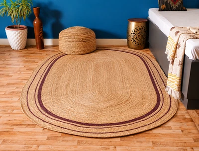 Tapis 100 % jute naturel tapis ovale fait main rayures marron tapis de salon - Photo 1/4