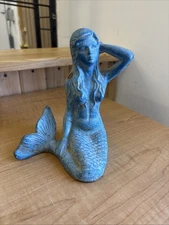 Cast Iron Mermaid Sculpture Kneeling Patina Color Statue Home Decor Garden Pool