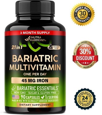 Bariatric Multivitamin 45 mg Iron Supplements Made in USA for Women & Men
