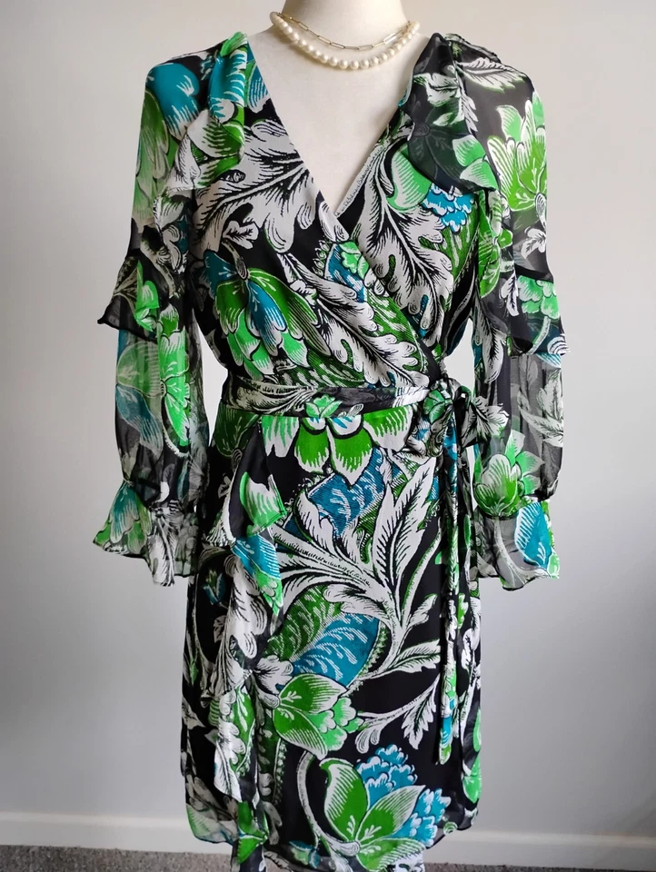 Vestido Diane Von Furstenberg 100% Seda Gasa Volantes Floral Femenino Talla 10 Foto 3 de 4