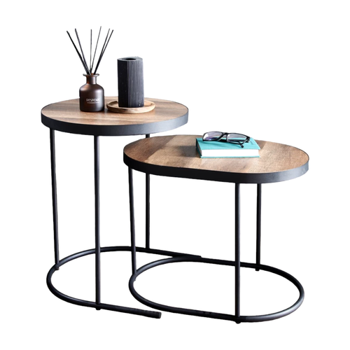 Set of 2 Coffee Nest Tables Side End Table Rustic Wood With Black Legs