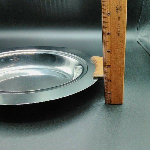 Vintage Silver Chrome Serving Dish Bowl Mid Century Modern Decor Wood Handles - Picture 8 of 8