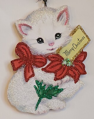 WHITE CAT, KITTEN w POINSETTIA & MERRY TAG * Glitter CHRISTMAS ORNAMENT  Vtg Img
