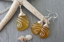 Hawaiian Jewelry Sea Glass Set, Top Wire Wrapped Necklace Earrings Jewelry Set
