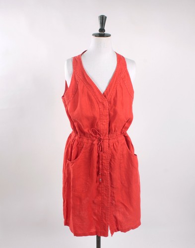 Orange Linen Drawstring Shift Dress 