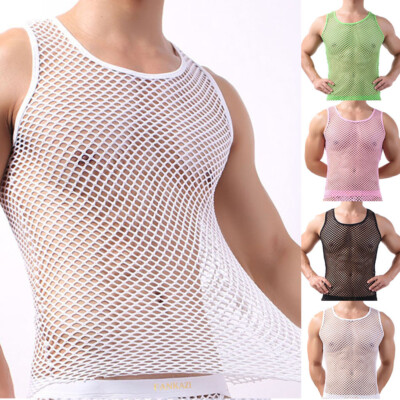 Herren Muscle Tank Top Sheer Fishnet Mesh T-Shirt Crop Tank Top Gym Fitness   
