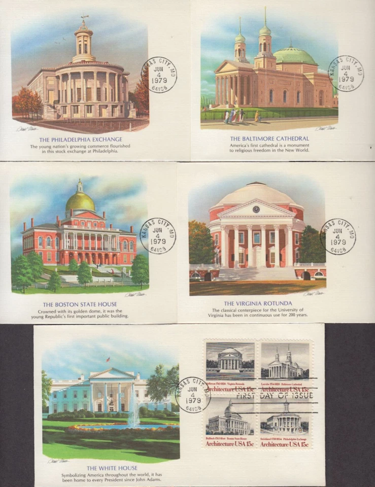American Architecture Sc 1779-82 1782a 1979 conjunto de 5 cachés Fleetwood FDC Foto 2 de 3