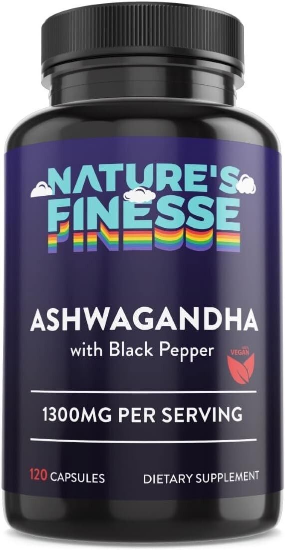 Nature's Finesse Organic Ashwagandha with Black Pepper Vegan Supplement 120 Caps