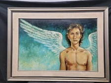 ANGEL PAINTING  ORIGINAL ON BOARD 38×27 WINGED ANGEL Gabriel 1970s