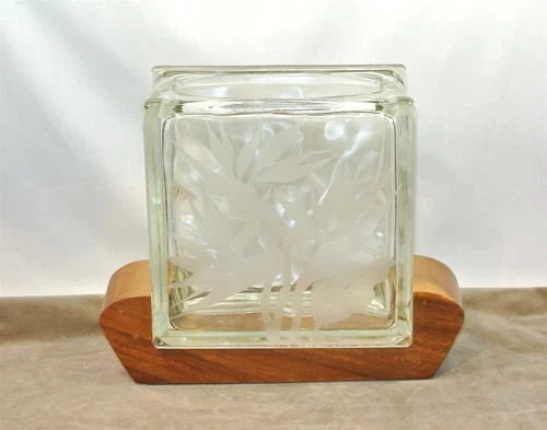 Massive FRANK ODA Hawaiian Glass Block Vase and Wood Base Bamboo Etching Vintage
