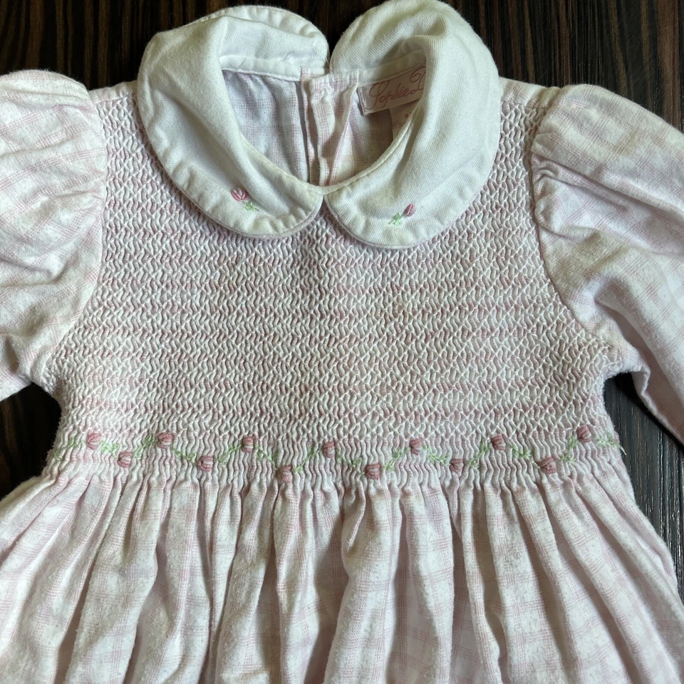 Vestido Vintage SOPHIE DESS Meninas Smocked Tamanho 2T Amarrar Traseiro Padrão Rosa Manga Longa - Imagem 2 de 4