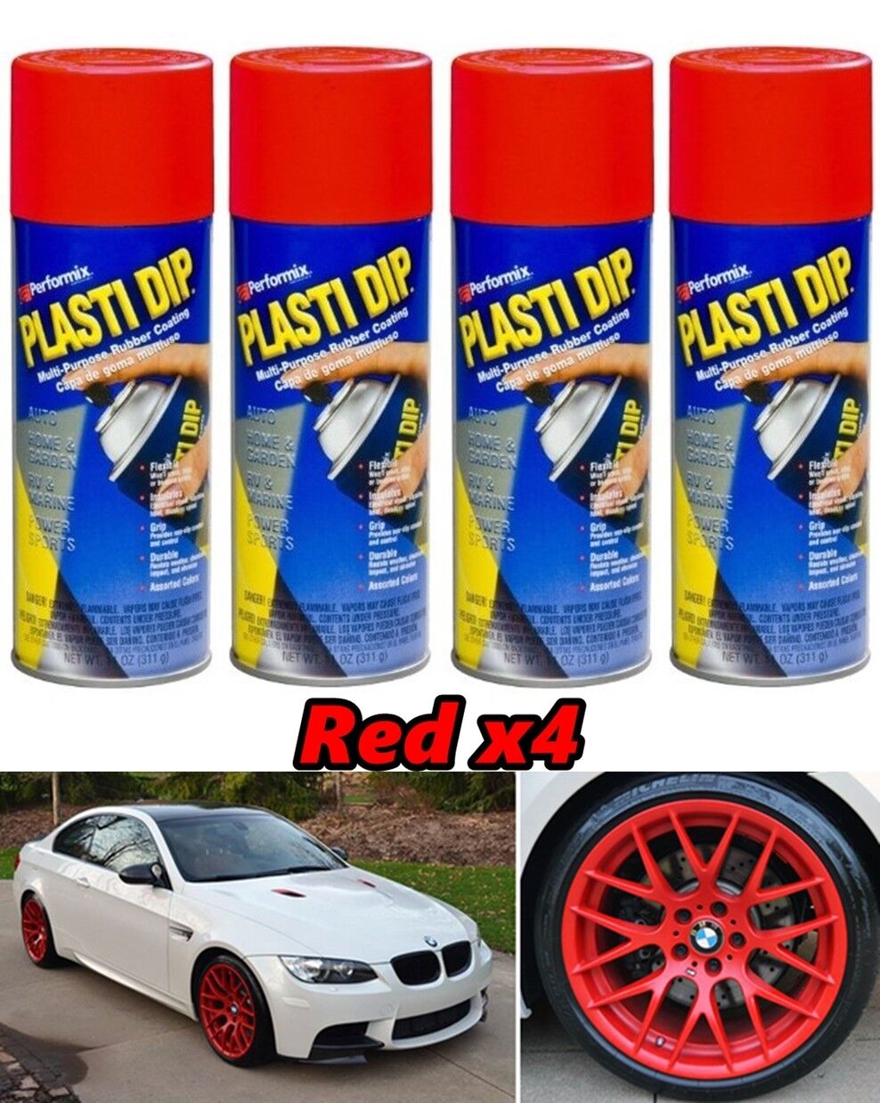 Performix Plasti Dip Matte Red 4 Pack Coating Spray 11oz Aerosol Cans Wheels