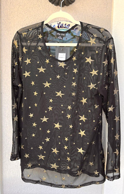 NWT City Chic Top Starry Night Size 16 Black Sheer Gold Stars Stretch
