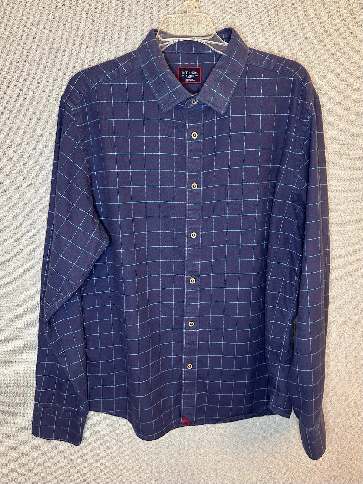 Untuckit Men’s Balar Flannel Shirt Navy Blue & Red Soft Plaid Size XL Slim Fit