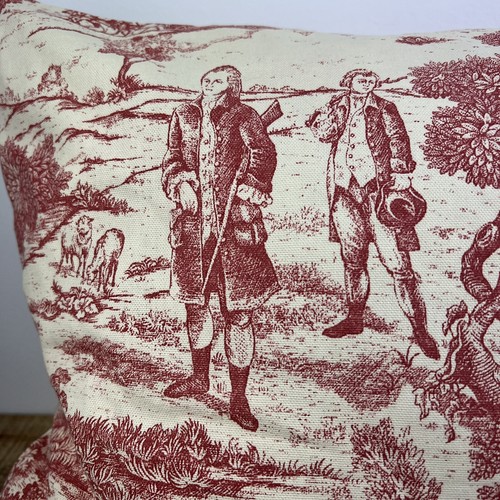 Custom Red Cream Country Toile Country Pillow Cover Park Scene 26” Lumbar Pillow - Picture 2 of 12