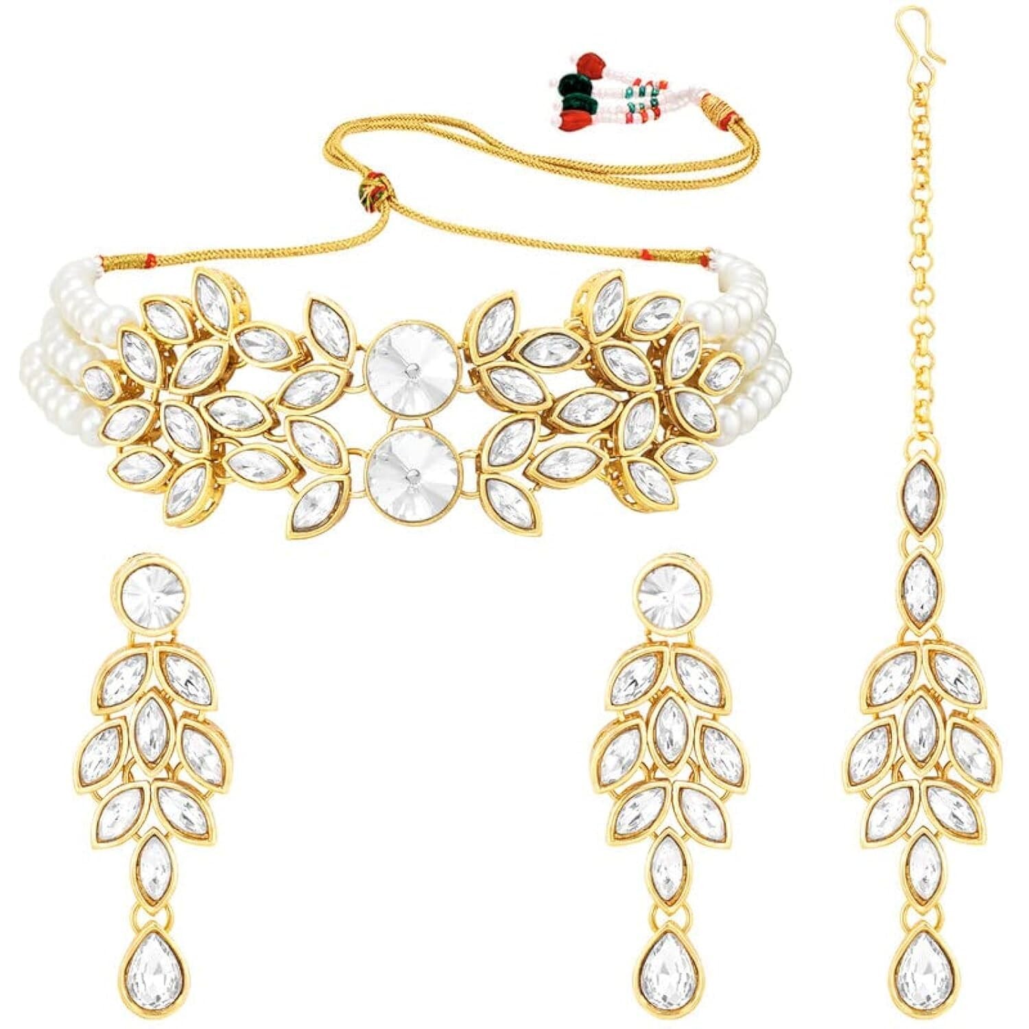 Aheli Bridal Crystal Pearl Choker Necklace with Drop Earrings Indian Traditio...
