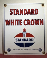 VINTAGE 1951 DATED STANDARD WHITE CROWN GASOLINE PORCELAIN GAS MOTOR OIL SIGN