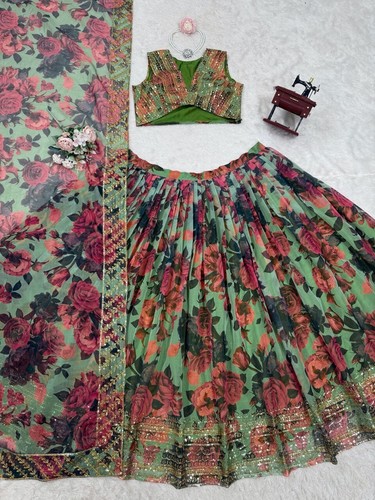 Organza atigrado Indian Look Lehenga Choli con Dupatta verde para mujer/niña - Imagen 6 de 9