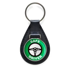 Safe Driving Black Leather Keychain Silver Keyring Military Gift