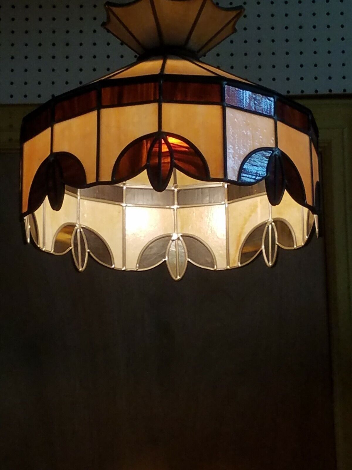 Vintage 16" Stained Glass Hanging Light Brown Tan And White has been repaired