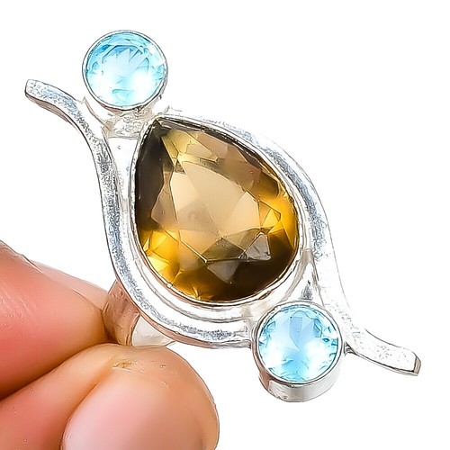 925 Sterling Silver Vintage Ring Designer Cutout Blue & White CZ